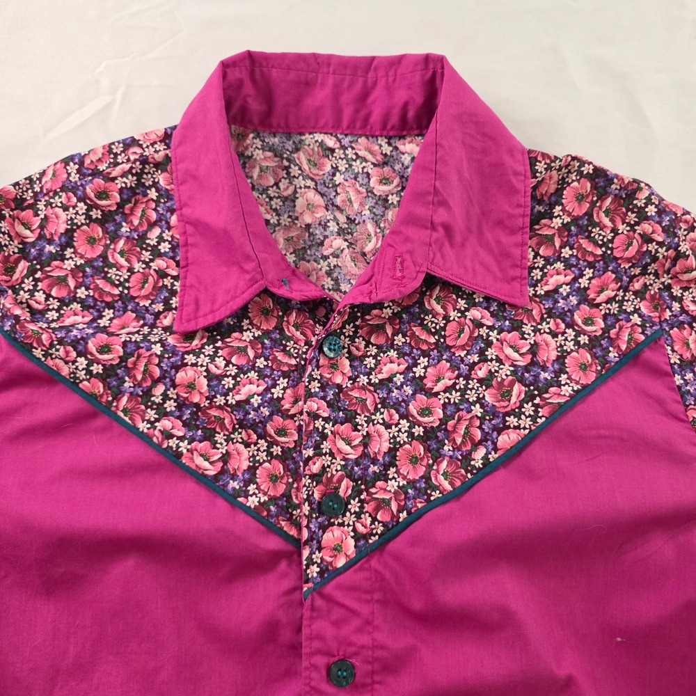 Handmade Western Button Up Shirt Floral Yoke Magenta‎ Pink Large Vintage Prairie